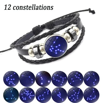 12 Constelații de Bijuterii cu Gemeni Pesti de Sticla Cabochon Semn Zodiacal Piele Brățară Brățară pentru Bărbați, Femei Cadou