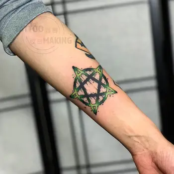 2 Bucati Brat Pentagrama Rotund Verde Inchis rezistent la apă de Lungă durată Autocolante Tatuaj pentru Femei și Bărbați