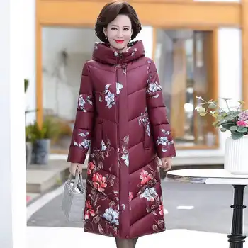 2021 Noua Moda de Iarnă Lungă perioadă de vârstă Mijlocie, în vârstă de bumbac gros imbracaminte Femei Vrac Jachete Calde Doamnelor Tipărite Paltoane cu Gluga