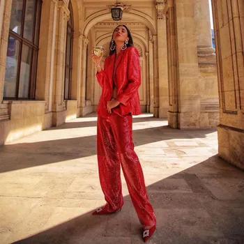 2022 Elegant Petrecerea Red Sequin Costum Haina + Pantalon Drept Set De Două Piese Femeie Temperament Moda De Lux Pista De Sex Feminin