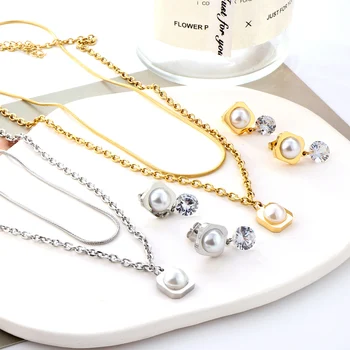 2022 Nou Oțel Inoxidabil Rotunde Imitații de perle Colier Cercei Set Pentru Femei de Aur de Argint de Culoare Set de Bijuterii de Moda en-Gros