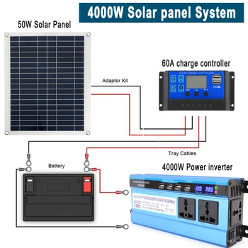 50W Panou Solar 60A Controller 4000W Invertor de Putere cu 4 USB 3 Soclu Universal RV Bărci Portabile de Urgență Generator de Putere