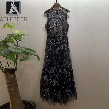 AELESEEN Moda Pistei Supradimensionate pentru Femei Rochie de Vara 2022 Designer rochie fără Mâneci Negru Floare Emberoidery Lung Rochie de Petrecere