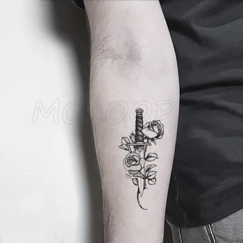 Autocolant tatuaj Pumnal Sabie Bud Floare Trandafir Element Anime Tatuaj Body Art, Machiaj rezistent la apa Temporar Femei și Bărbați
