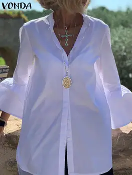Camasi albe de Vara Femei Solide Flare Sleeve Shirt de Primăvară Bluza 2022 VONDA Sexy V-Neck Butonul Office Camasa Femininas Blusas