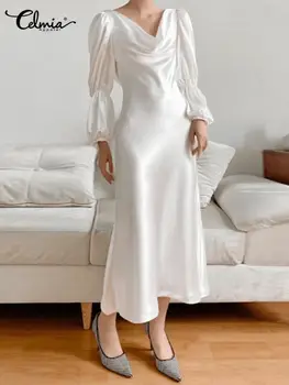 Celmia Elegant Slim Vestidos Glugă Gât Rochie Vintage Din Satin De Matase Stil Coreean Haine De Moda 2022 Femei Virage Maneca Rochii Midi