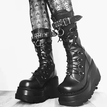 Cizme pentru femei Brand Design Gotic, Punk Stradă cu Fermoar Platforma Rece Cavaler Mijlocul Cizme Negre 2023 Noi de Halloween Cosplay Wedge Boots