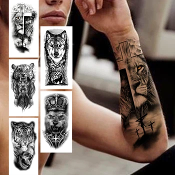Cruce Leu Tatuaj Temporar Pentru Femei, Bărbați Adulți Craniu De Tigru Lup Pădure Autocolant Tatuaj Fals Negru Realist Demon Tatuaje Antebrat