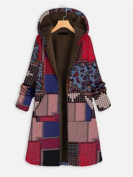 Cu Glugă Tipărite De Pluș Haina Casual Retro Strat Toamna Jacheta Pentru Femei Jacheta De Iarna De Pluș Cald Îmbrăcăminte Etnice Stil Vintage