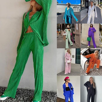 Doamnelor Moda Casual, Camasa cu Maneca Lunga si Elastic Talie Mare Largi Picior Pantaloni Set 2022 Vara Solide Două Bucata Costum Bluze