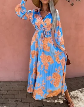 Elegante Rochii pentru Femei 2022 Vară de Zi cu imprimeu Floral Casual cu Maneci Lungi Guler de Turn-Down Plisată Maxi Rochie Camasa cu Centura