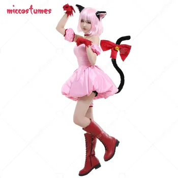 Femei Anime Cosplay Costum Transformat Scurt Rochie Roz cu Urechi de Pisică și Coada