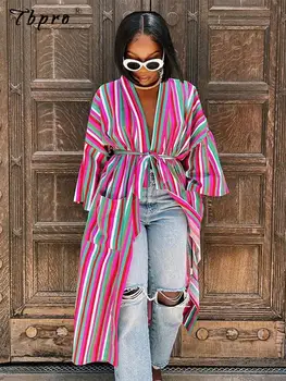 Femei de Culoare de Contrast Dungi Papusa Maneca Cravată Lungă de Moda de Top Liber Casual Dantela-Up Slit Pocket Shirt 2022 Toamna Strada Sacou