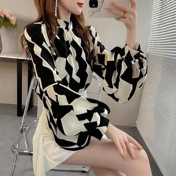 Femei Haine Coreeană Neregulate Sifon Stand Guler Felinar Bluza Cu Maneci Toamnă La Modă Plisate Tricouri Largi Doamnelor Elegante
