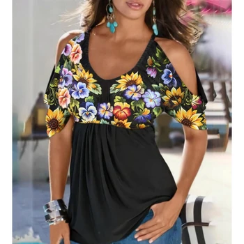 Femei Topuri De Moda De Vara Pe Umăr Floare De Imprimare Bluze Maneca Scurta Mozaic Stil Plajă Femei Bluze Vintage Streetwear