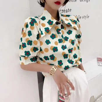 Femei Vara Retro Butonul Până Camasi Moda Puff Maneca Guler Polo Bluze Femei Florale Imprimare Subțire Topuri Coreean Tricouri Casual