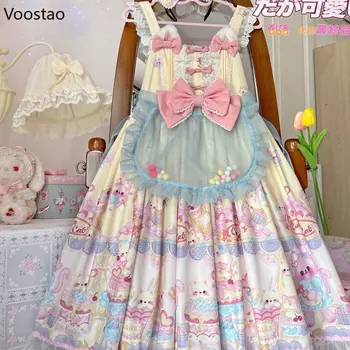 Japoneze Lolita Jsk Femei Rochie De Epocă Gotică Imprimare Fără Mâneci Rochii De Partid Dulce Arc Pisica Drăguț Prințesă Bretele Rochie