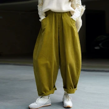 Johnature 2023 Iarna Noi Japoneză Casual pantaloni de Catifea cord Talie Elastic Glezna-lungime Pantaloni Culoare Solidă Vrac Buzunare Femeile din Harem Pantaloni