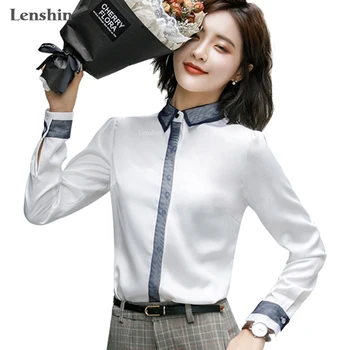 Lenshin Moda satin Tricouri de Înaltă calitate moale Bluza pentru Femei Office Lady Contrast Guler de Dantelă Topuri