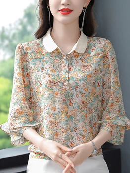 Moda Bluza Polo-Neck Șifon Imprimare Tricouri 2022 Elegante De Vara Pentru Femei Bluze Puff Maneca Doamnelor Top De Bază De Îmbrăcăminte De Sex Feminin