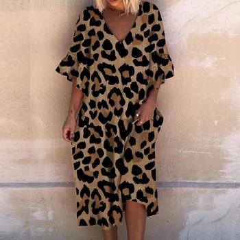 Moda de vara Femei Leopard de Imprimare Plaja Rochie Boho Ruffle Sleeve V-neck Rochii Casual, Lejere Rochii Lungi Vrac Halat été