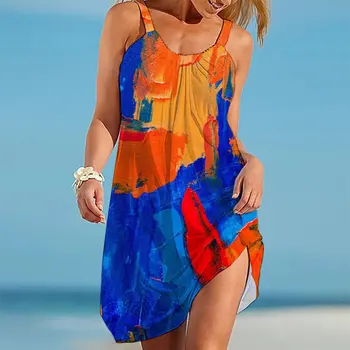 Noi Vara De Arta Pline De Culoare Stil De Moda Pentru Femei Îmbrăcăminte De Plajă, Îmbrăcăminte Gradient De Căpăstru Fără Mâneci Sexy Slim Fit Proaspete O-Gât Rochie De Plaja
