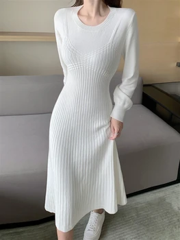 O Gâtului Rochii Albe Coreean Solid Caldă Iarnă De Epocă Nouă Rochie Pulover Femei 2022 Elegant Tricotate Femeie Gros De Îmbrăcăminte De Toamnă