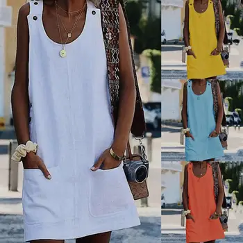 Plaja Casual Femei Culoare Solidă de Buzunar Mini Rochie fără Mâneci Buton Sundress Vară Elegant de Îmbrăcăminte pentru Femei de Moda Streetwear