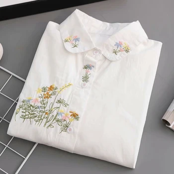 Primavara Toamna Japoneză Floare Broderie Tricou Femei Casual Dulce Largi, Din Bumbac Cu Maneci Lungi Femei Albe Bluze Topuri U213