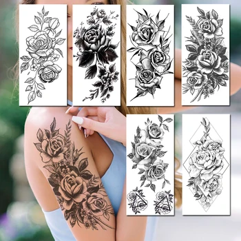Schiță Creion De Flori Tatuaje Temporare Realist Fals Trandafirul Negru Bujor Lotus Tatuaje Pentru Femei Body Art Decor Tatuaje Pentru Petrecere