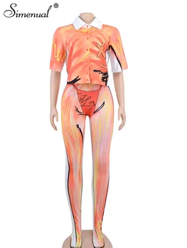 Simenual Gradient Print Multicolor 2 Seturi De Piese De Femei Singure Pieptul Polo Tricou Vrac Estetice Legging Externe Poarte Haine