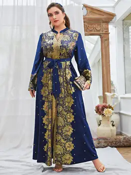 TOLEEN Plus Dimensiunea Femei de Lux Rochie 2022 Albastru Musulman Costume Cu Cravată Curea Florale Imprimare Abaya Mâneci Lungi de Seara, Haine