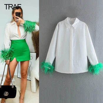 TRAF 2022 Alb Camasa Femei Maneca Lunga Verde cu Pene de Top Petrecere Elegantă Femeie Bluze de Moda Guler Buton-Up Tricou Femei