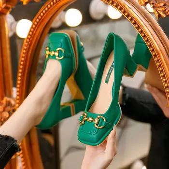 Trendy Sentiment de Design Elegant Verde Tocuri inalte Femei 2022 Noi Indesata Toc Mary Jane Pantofi Deget de la picior Pătrat Confortabil Pompe