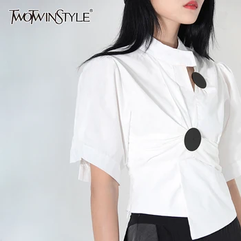 TWOTWINSTYLE Alb Casual Taie Tricouri Femei Neregulate Guler Maneci Scurte Asimetrice Moda coreeană Femeie Bluze 2022 Noi