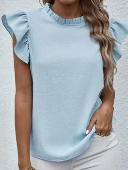 ZANZEA Bluza Eleganta pentru Femei de Vară Volane Maneci Scurte Topuri de Moda OL Munca Tricou Casual Solid Partid Blusas Camasa Tunica Vrac