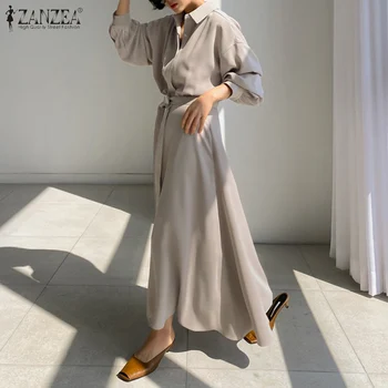 ZANZEA Elegante Femei Rever mâneci Lungi Sundress Primăvară Solidă Tricou Lung Femme Rochie Casual Vintage de Lucru OL Vestidos
