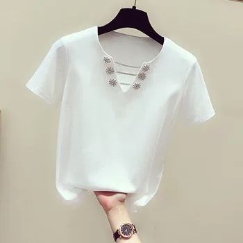 100% Bumbac Vara Noi Diamante Margele Femei T-shirt Solidă Subțire cu mânecă Scurtă Birou Doamnă Elegant Topuri Tricouri de Calitate Superioară