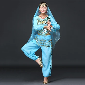 2019 Femei Dans Sari Haine Burtă de Dans Indian Set Costum Bollywood Costum 4buc de Sus, Curea, Pantaloni și Voaluri