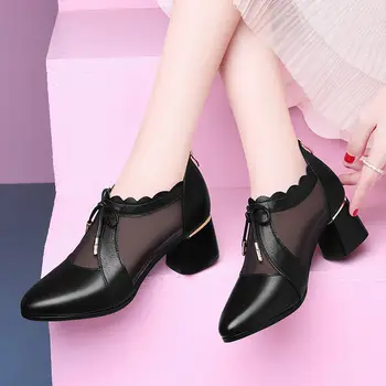 2021 Doamnelor Tocuri inalte Pantofi de Piele de Plasă a Subliniat Sexy Negru pentru Femei de Moda Pantofi Mid-toc Doamnelor Singure Pantofi Cu Toc
