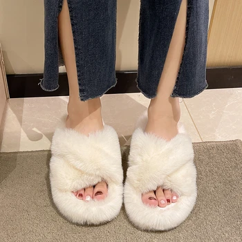 2023 Moda de Iarna Blana Moale Pene de Femei Papuci de 6cm Tocuri de Interior Non-alunecare de Pluș Cald Doamna Indesata Plat cu Blană, Pantofi