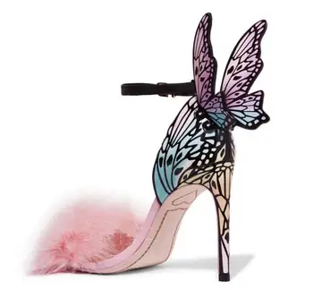 Aripă De Fluture Sandale Femei Cu Toc Femei Pantofi Stiletto Cu Tocuri Blană Roz Decor Sandale Colorate Tocuri Subtiri De Mireasa Pantofi De Mireasa