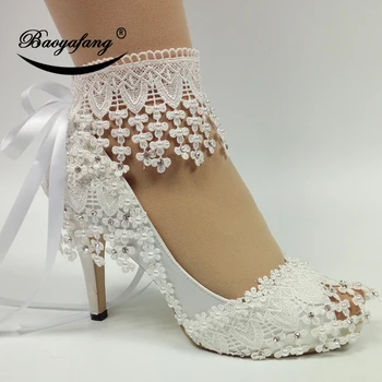BaoYaFang 2020 Nou Dantela-Up pantofi de model Pentru femeie Floare Alba de Mireasa pantofi Glezna Curea pantofi de Înaltă dulce petrecere, pantofi