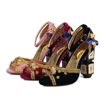 Brodate De Mână Și Tipărite Speciale În Formă De Sandale Romane Mare Pantofi Peep Toe Ștrasuri Din Mărgele Vintage Pantofi Femei Cu Toc Gros Pompe