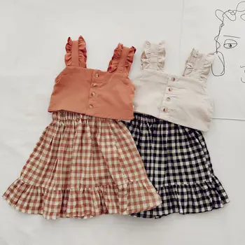 Copii Baby Girl Haine Set Topuri Solidă fără Mâneci cămașă Culturilor Carouri Fusta a-Line Noi de Vara Tinuta Casual Seturi de Fete 2-6Y