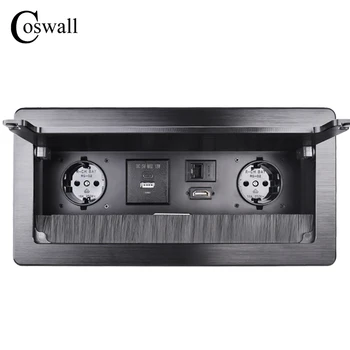 COSWALL Negru Corp din Aluminiu 2 UE Priza Dual USB de Tip A&C 18W Încărcare Rapidă HDMI CAT6 Masă Soclu Cu Praf Capac Soft Close