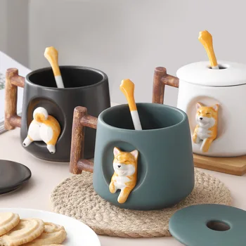 Creative Ceramice Personalitate Drăguț Cani cu Cești de Cafea Shiba Inu Cat Cesti Cana de Cafea cu Capac Ceai Câine Drăguț Cupa Kawaii Set