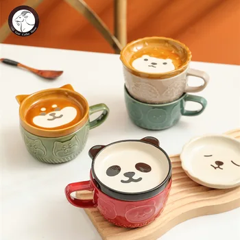 Desene animate japoneze Pisica Animal Cana Ceramica cu Capac Ceasca de Cafea Ceasca de mic Dejun Cupa Student Cana de Lapte