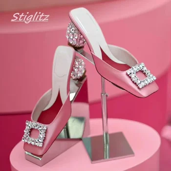 Diamant roz Catarama Papuci de Lux Deget de la picior Pătrat Solid Transport Gratuit Elegante Stras Toc Indesata marimi mari Casual Pantofi pentru Femei