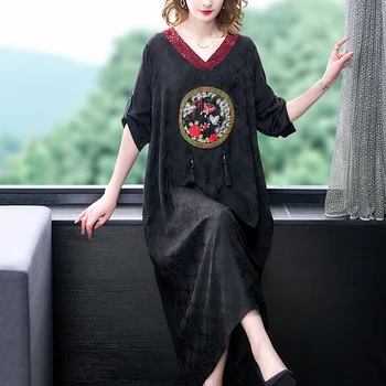 Femei Negru De Imprimare Mătase De Dud V-Gât Rochie Midi Primavara-Vara Moda Ciucure Rochie Eleganta 2022 Coreean Vintage Rochii Hepburn